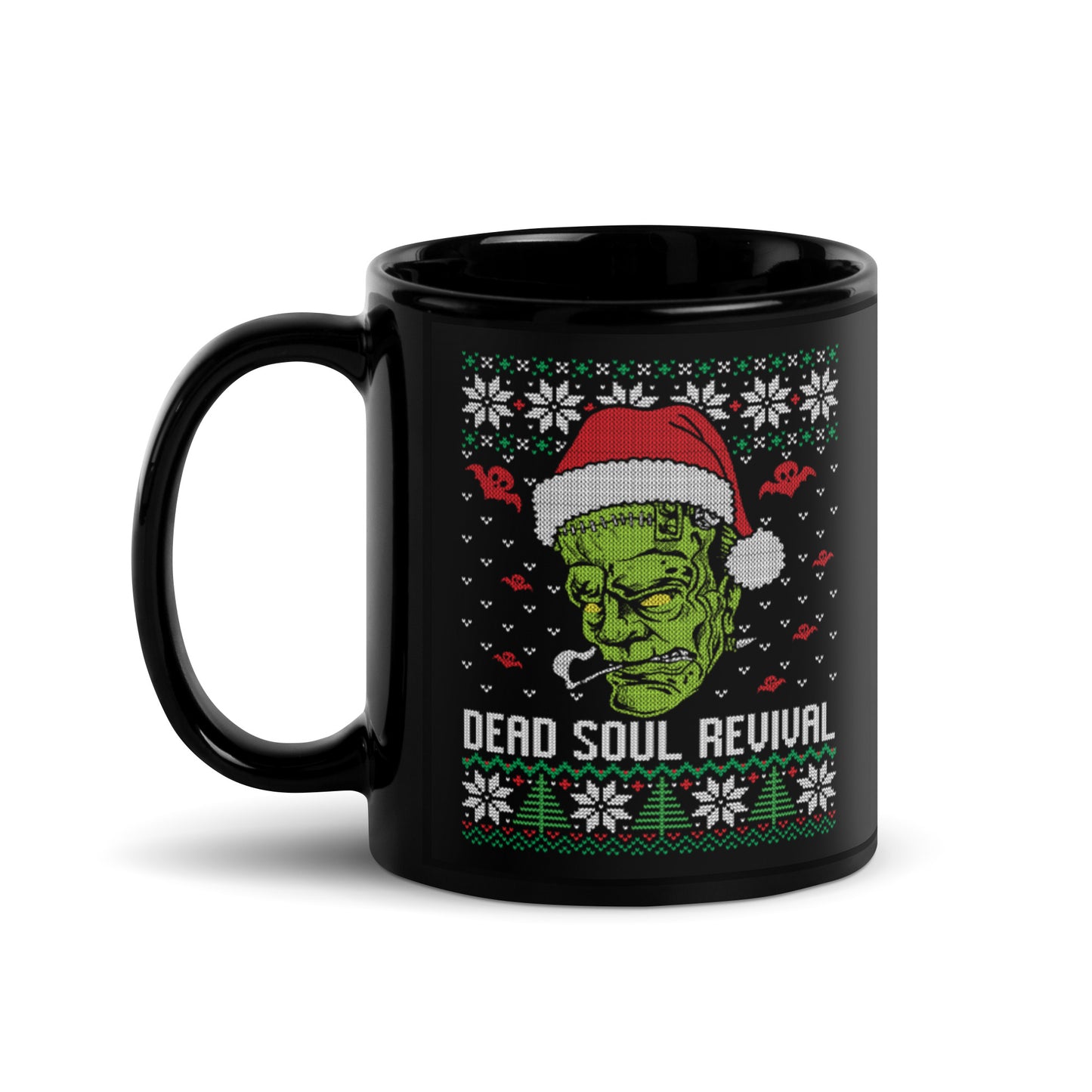 Dead Soul Revival Black Glossy Mug with Frankenstein