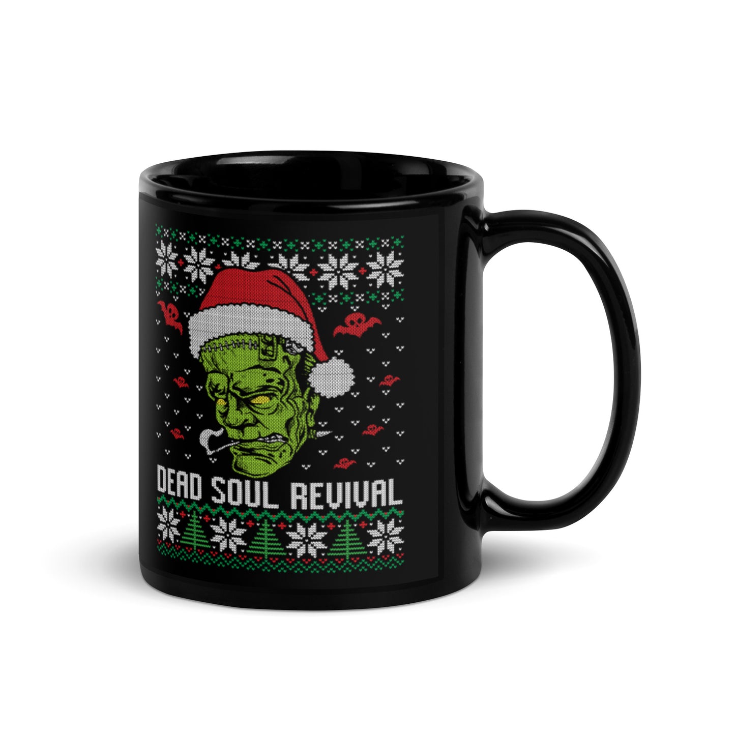 Dead Soul Revival Black Glossy Mug with Frankenstein