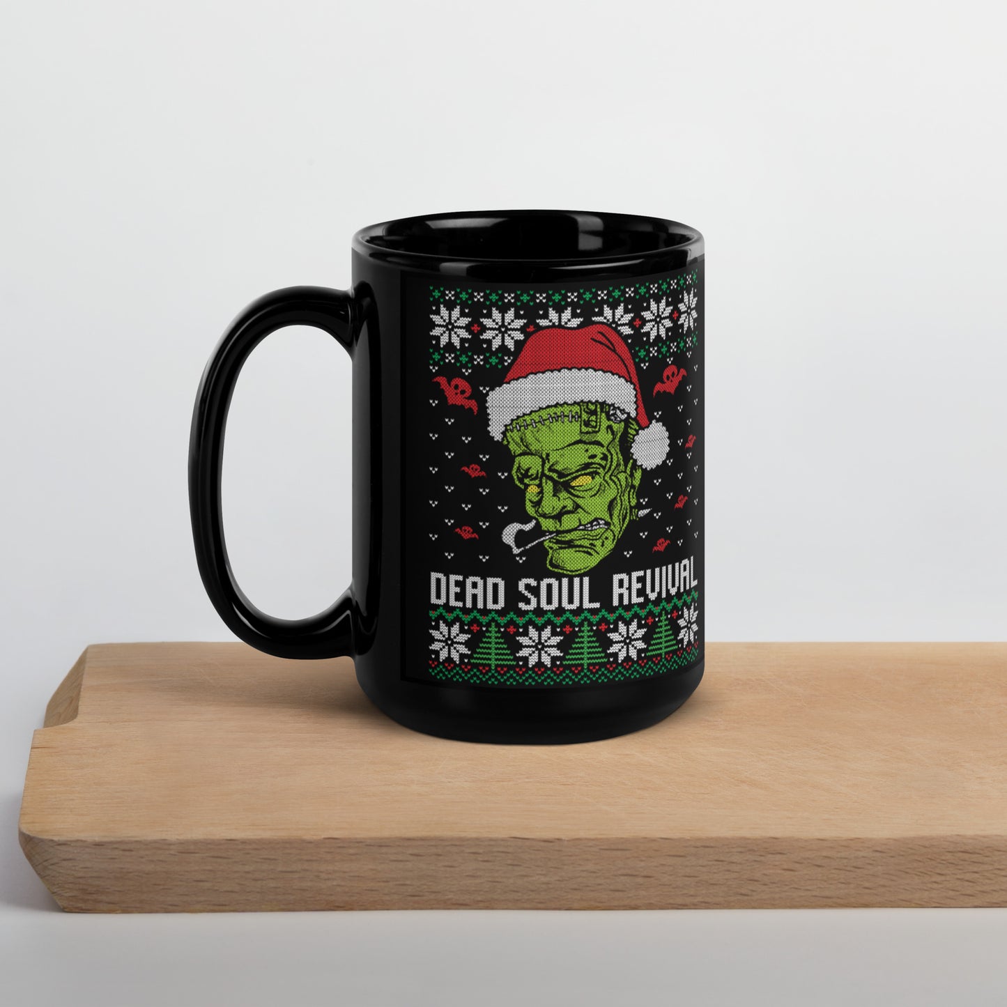 Dead Soul Revival Black Glossy Mug with Frankenstein
