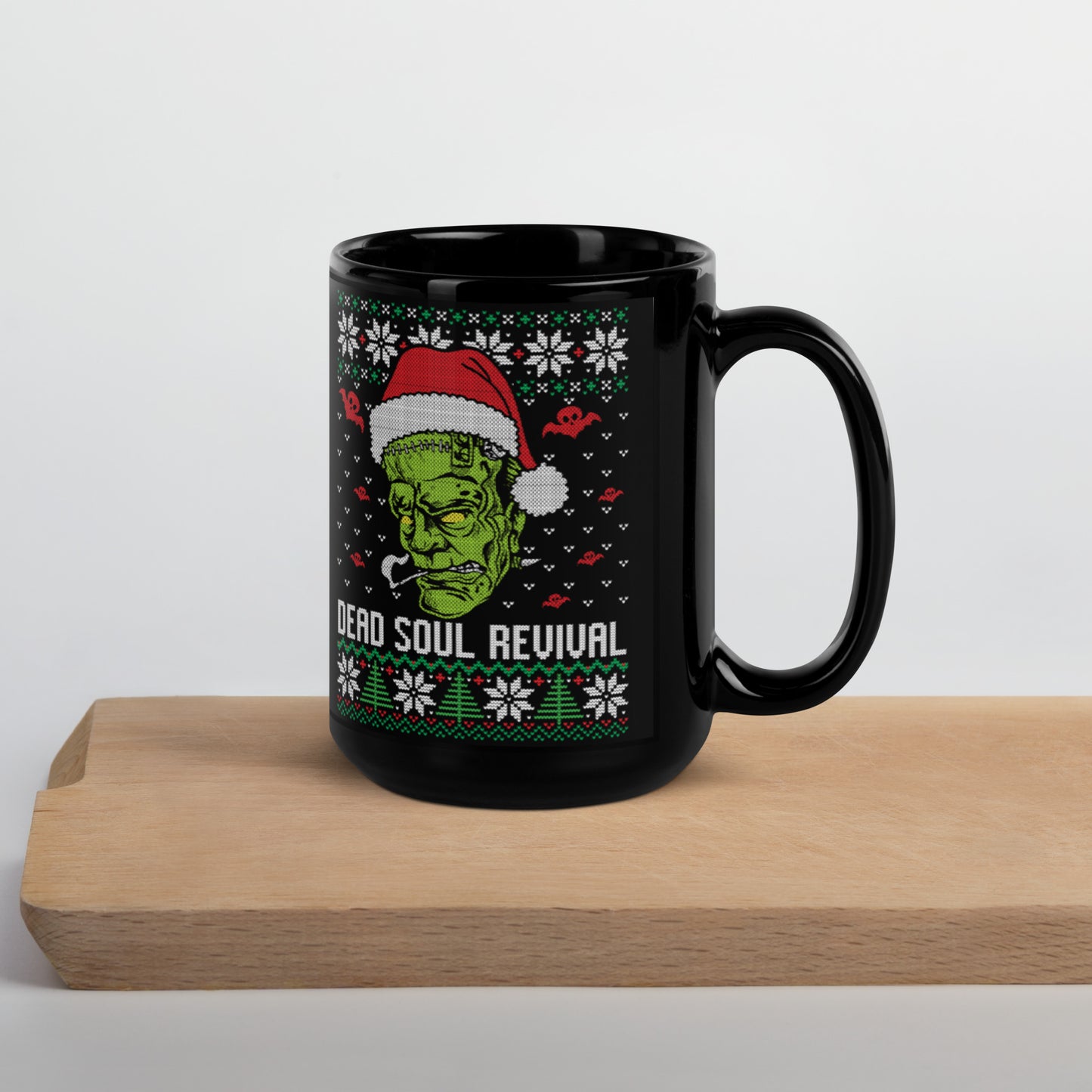 Dead Soul Revival Black Glossy Mug with Frankenstein